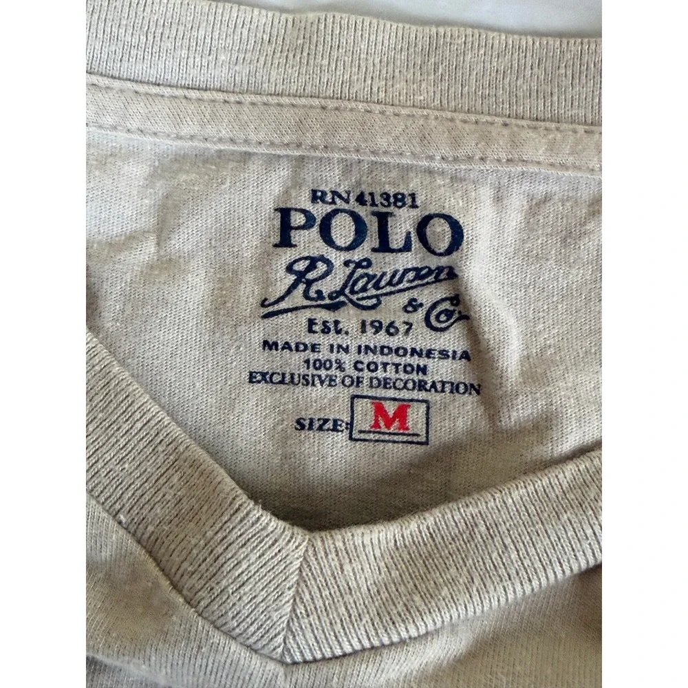 Polo Ralph Lauren Mens V-Neck T-Shirt Tan Beige Cotton Pony Logo Size M 3360